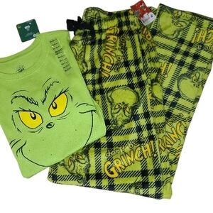 Dr. Seuss Mens Grinch Pajama PJ Fleece Set - T-shirt & Pants NEW